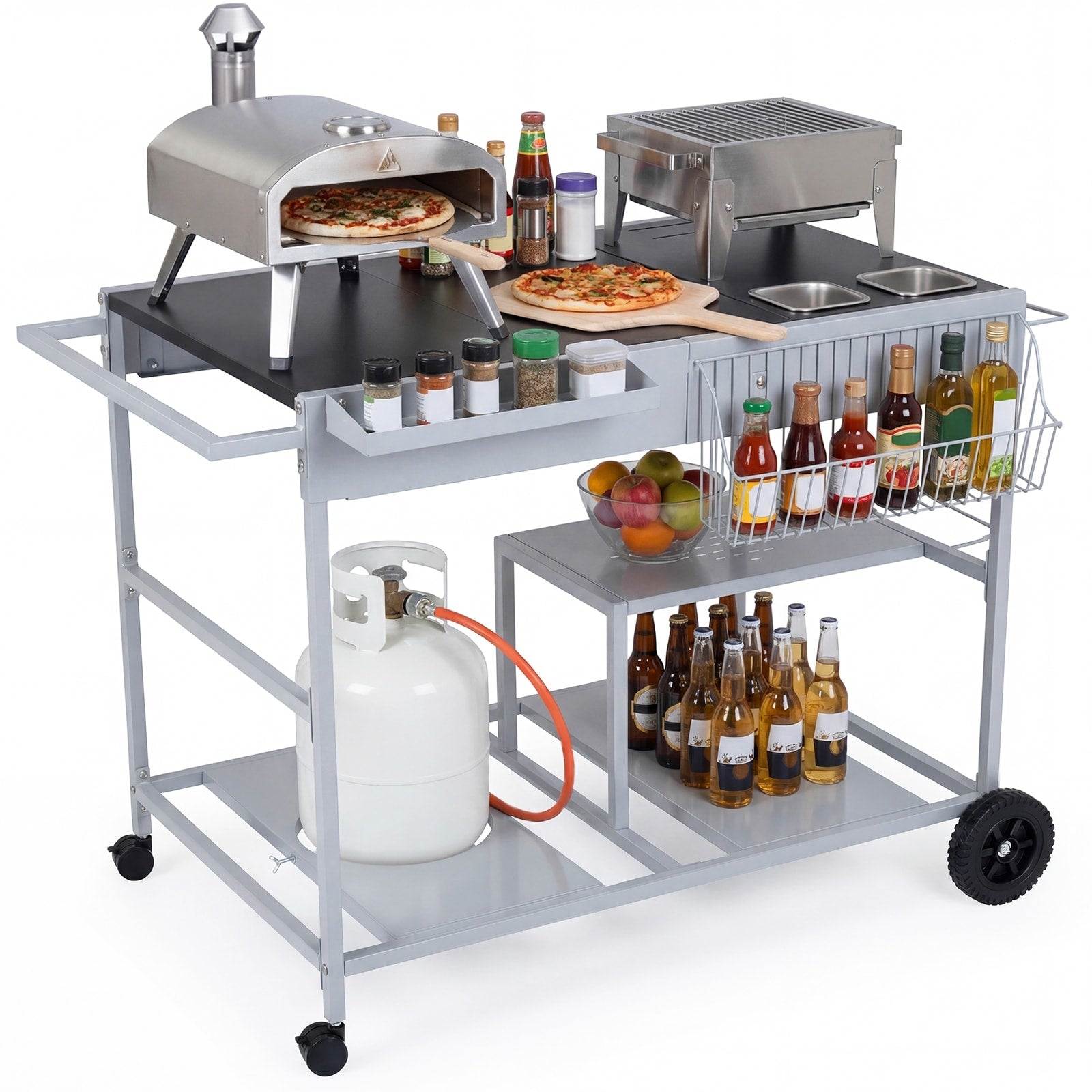 Gymax Pizza Oven Cart W Topping Station 2 Spice Containers Wheels