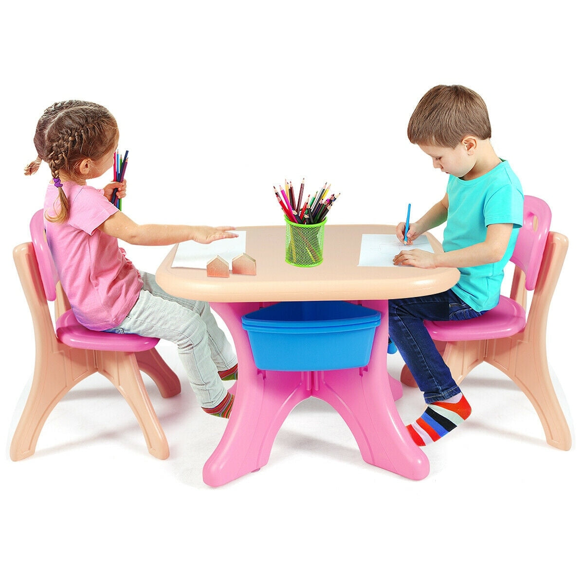 Gymax Plastic Children Kids Table Chair Set 3 Pc Play Furniture