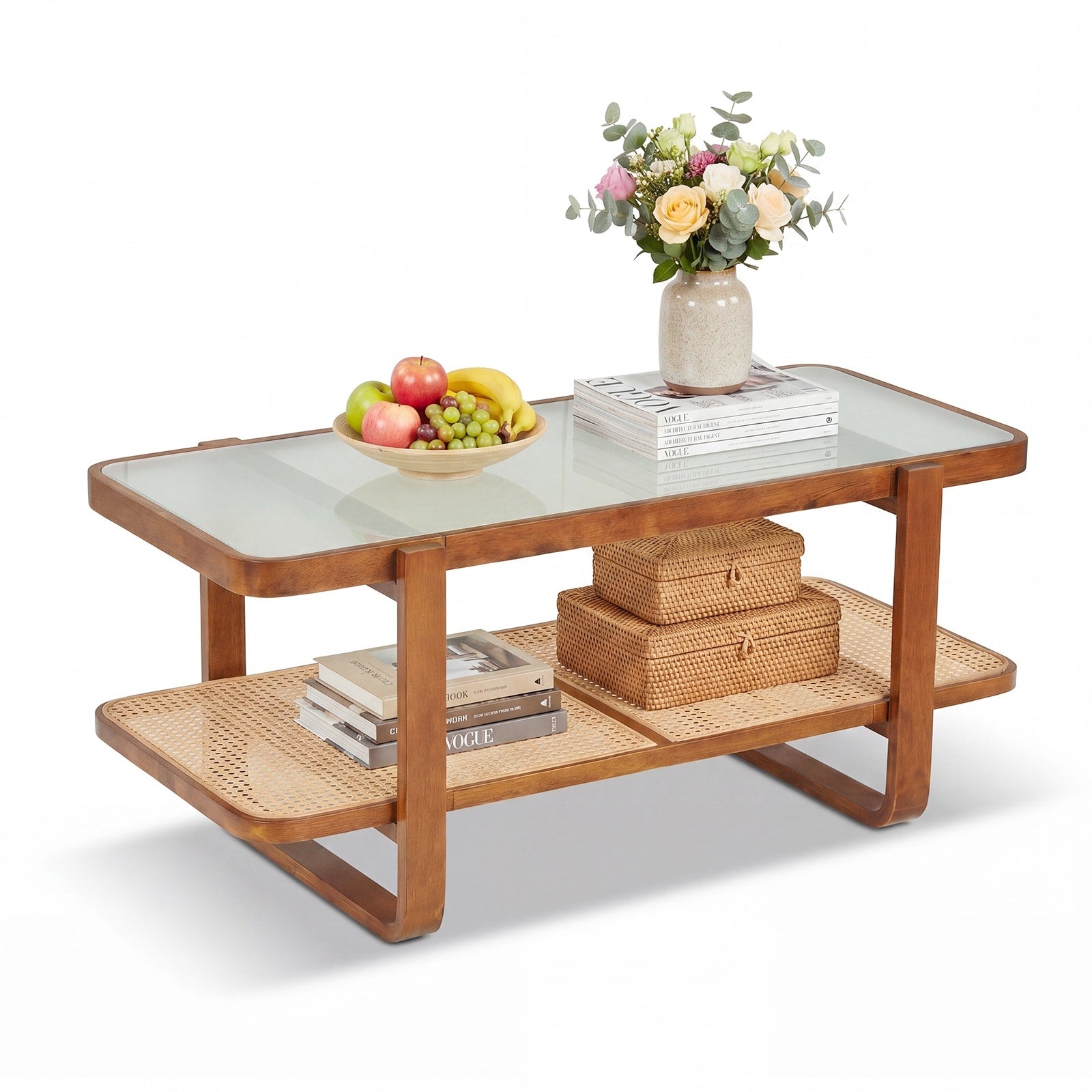 Gymax Rattan Coffee Table 2 Tier Rectangular Center Table W Frosted