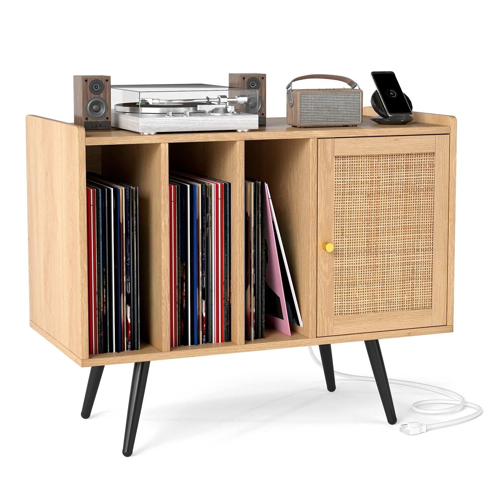 Gymax Record Player Stand W Charging Station Rattan Cabinet