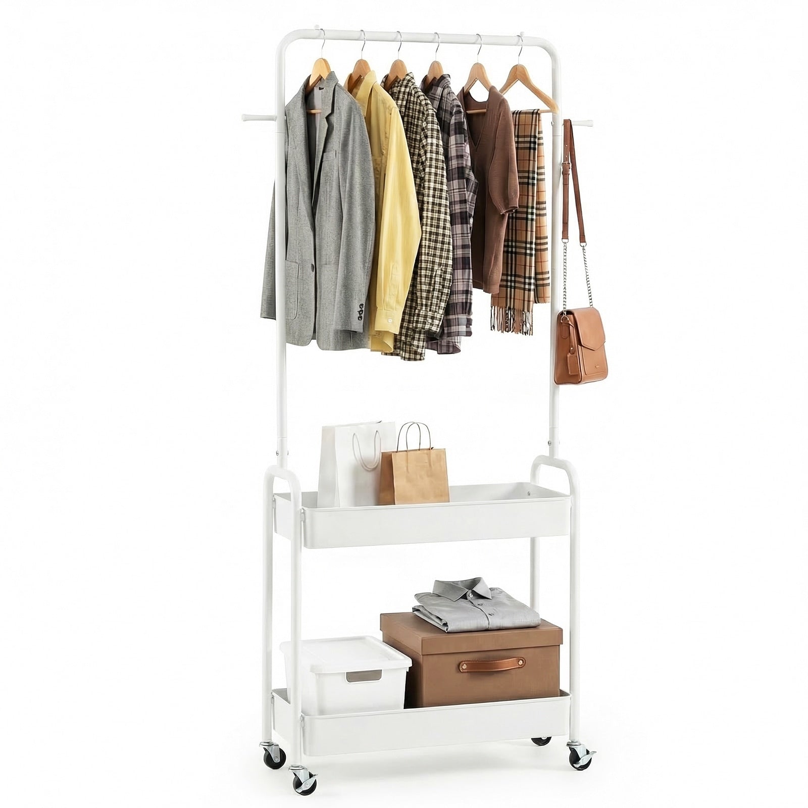 Gymax Rolling Clothes Rack W Hanging Rod Side Hooks Storage Baskets