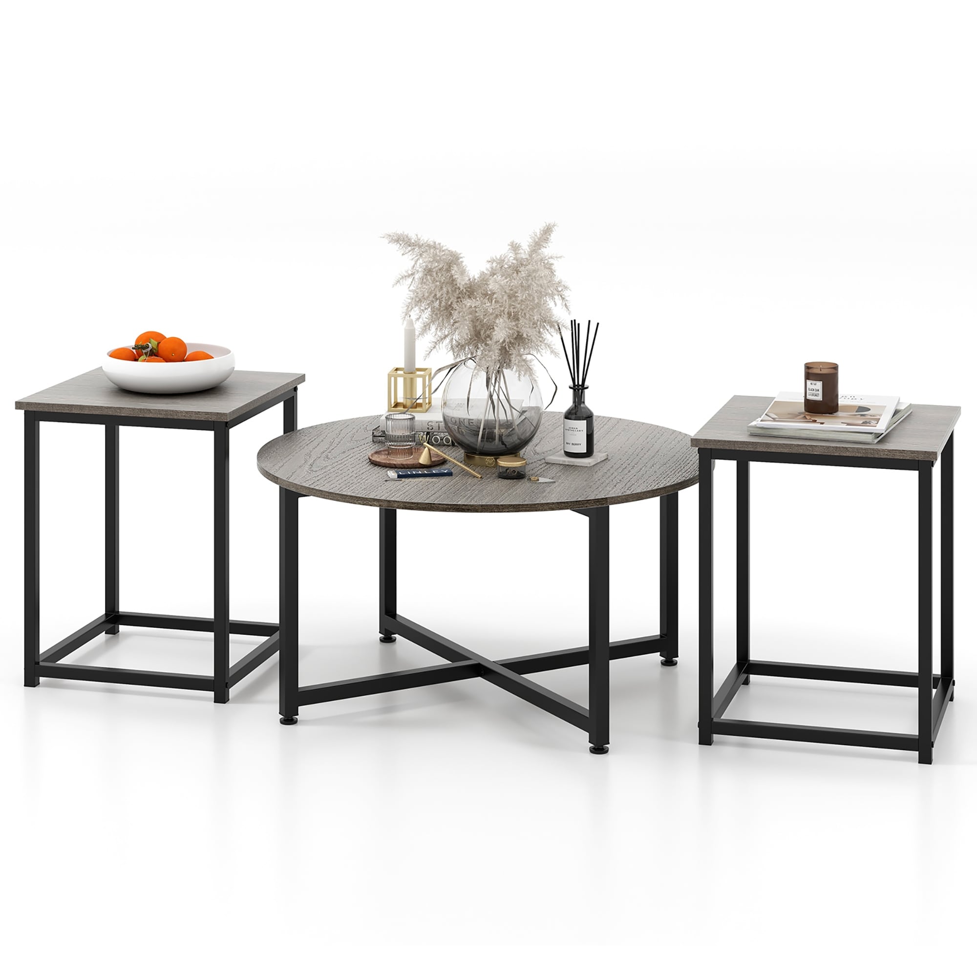 Gymax Round Nesting Table Set Of 3 Coffee Table W 2 End Tables Sturdy