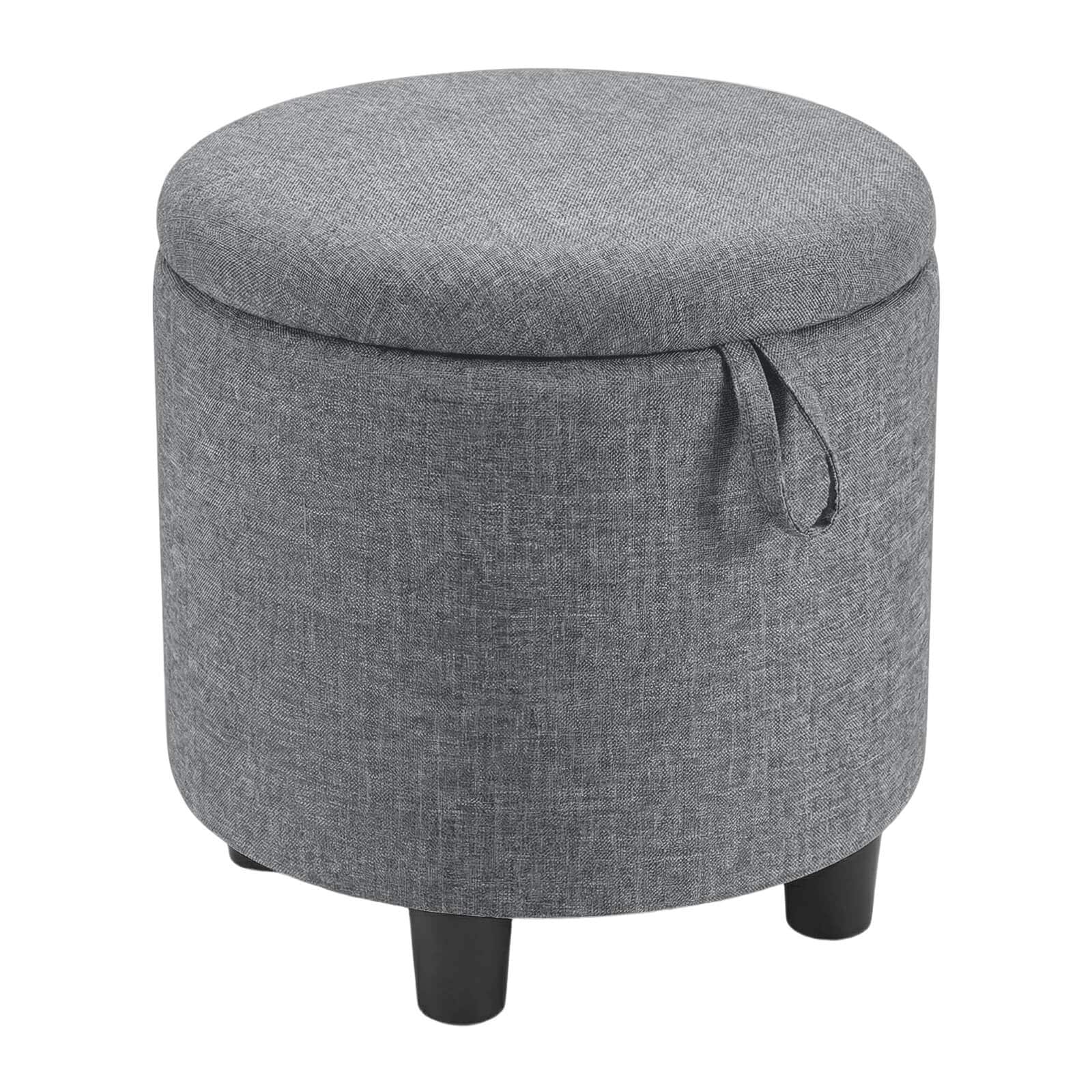 Gymax Round Storage Ottoman Linen Fabric Upholstered Footrest Stool W