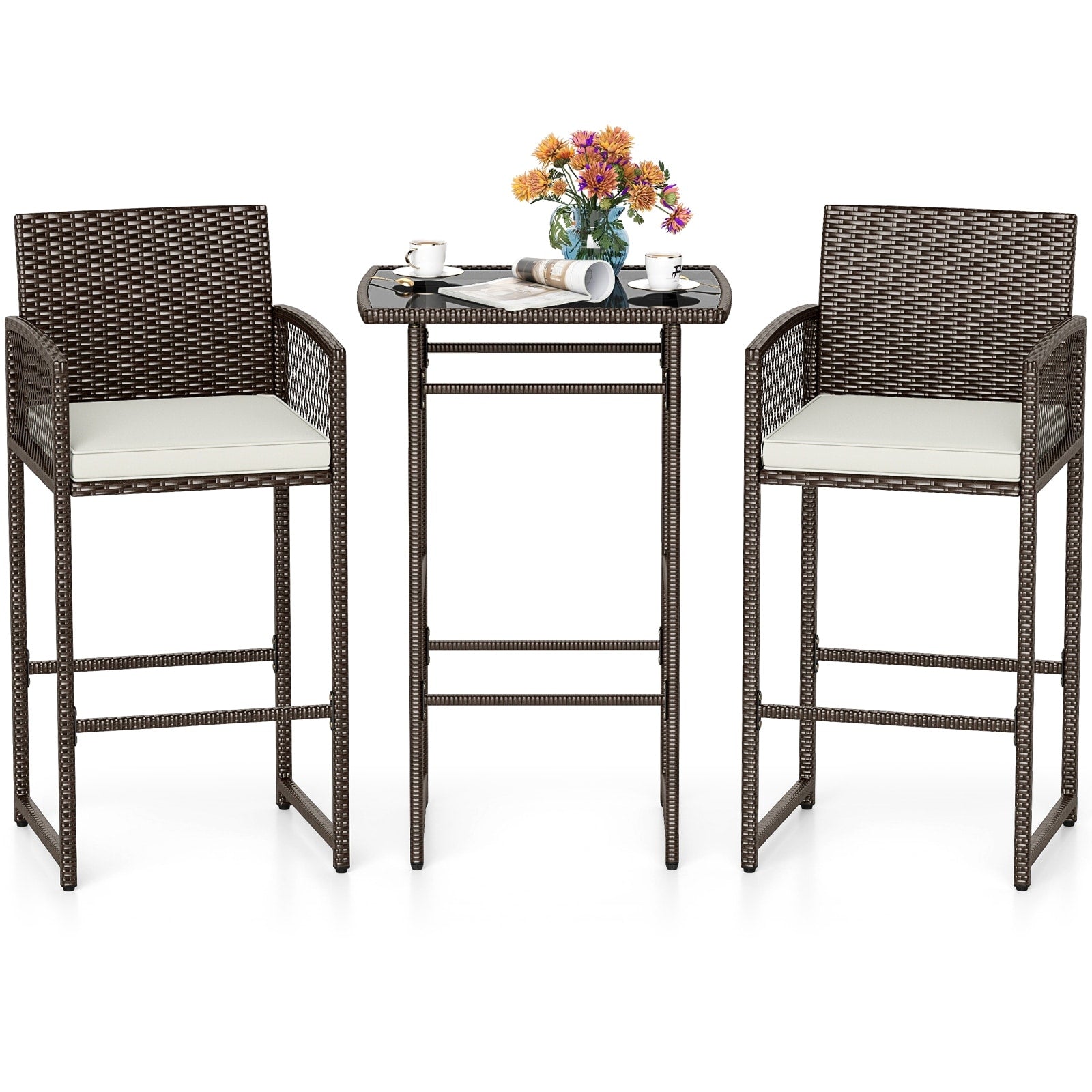 Gymax Set Of 3 Patio Bar Set Wicker Table Armchairs W 2 Cushions