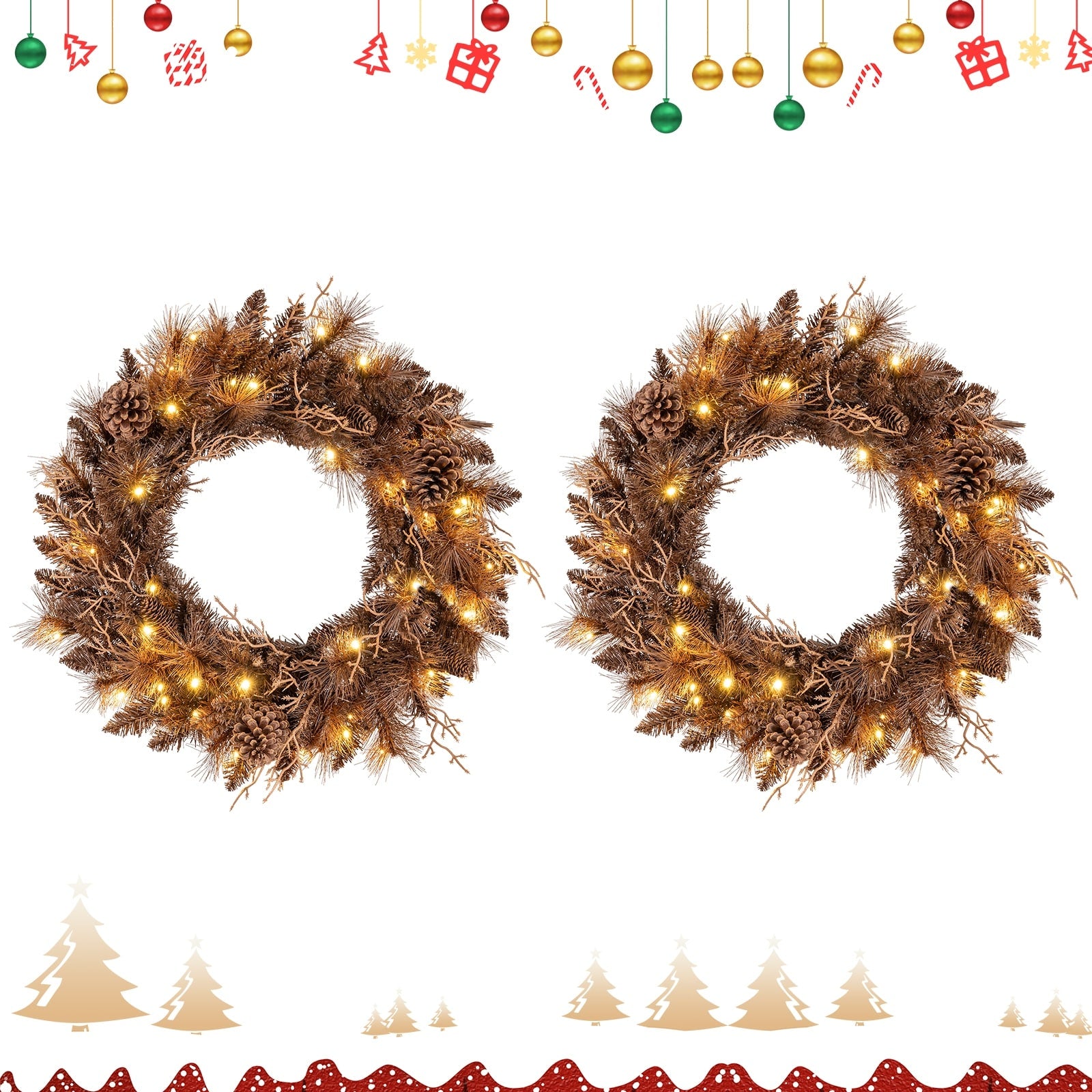 Gymax Set Of 2 24 Pre Lit Christmas Wreath Front Door Artificial