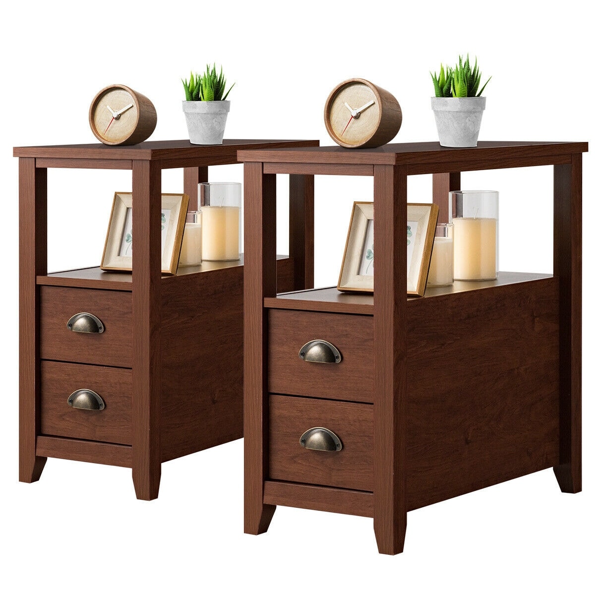 Gymax Set Of 2 Nightstand Rustic Style End Table W Drawer Shelf Brown