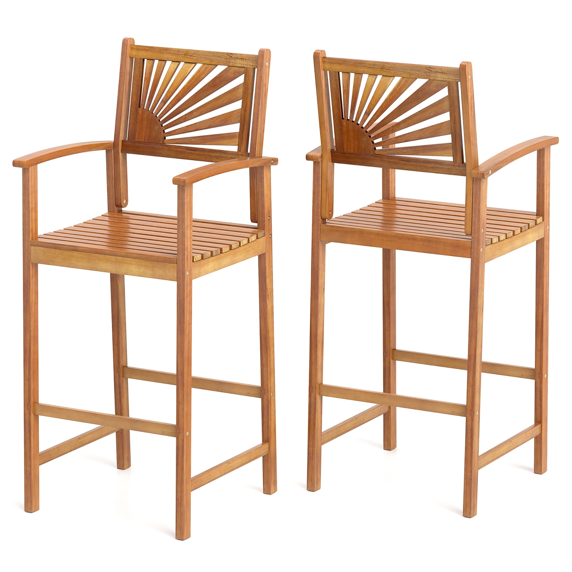 Gymax Set Of 2 Acacia Wood Barstools 29.5 Bar Chair W Sector Backrest Slatted Seat
