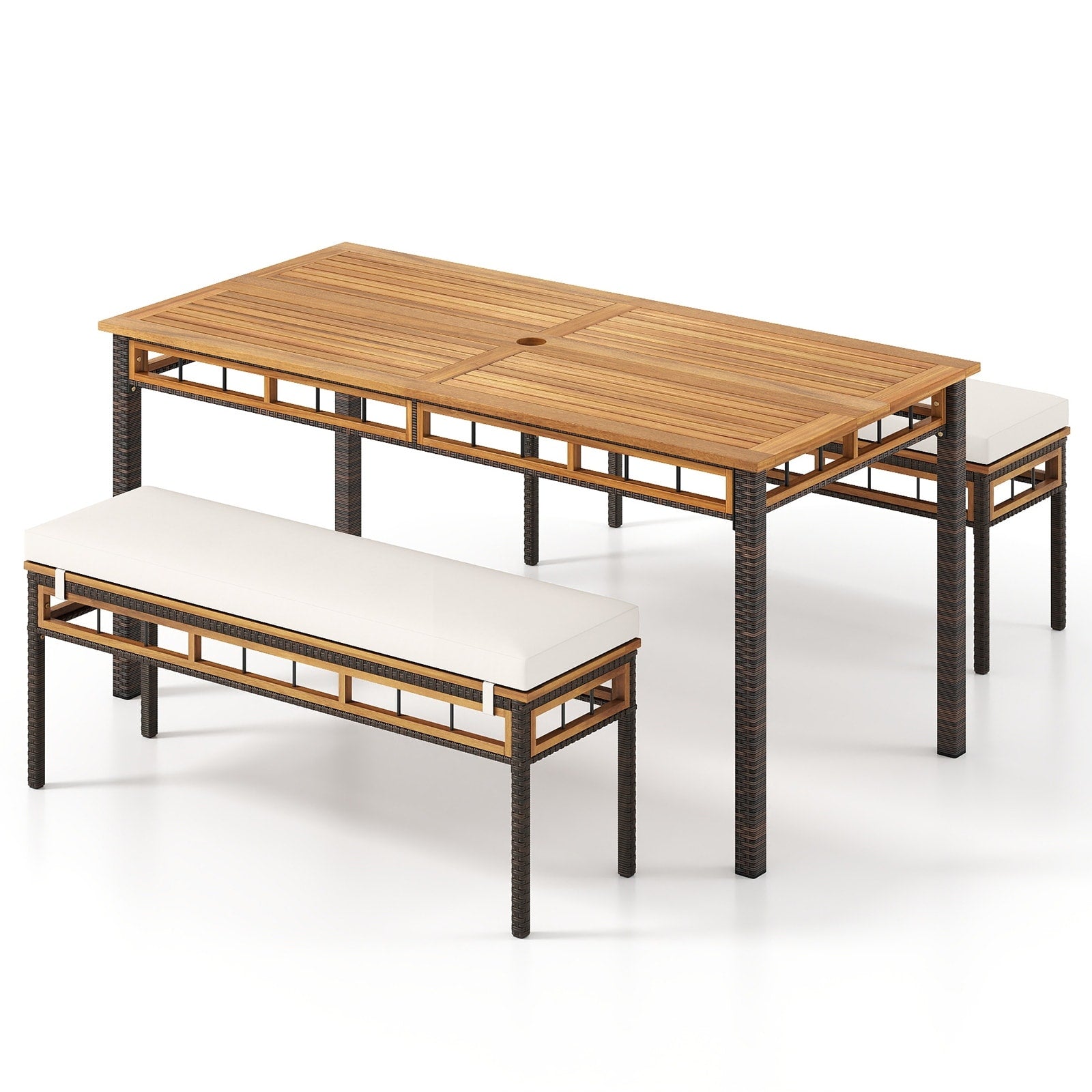 Gymax Set Of 3 Acacia Wood Patio Dining Set W 1.97 Umbrella Hole