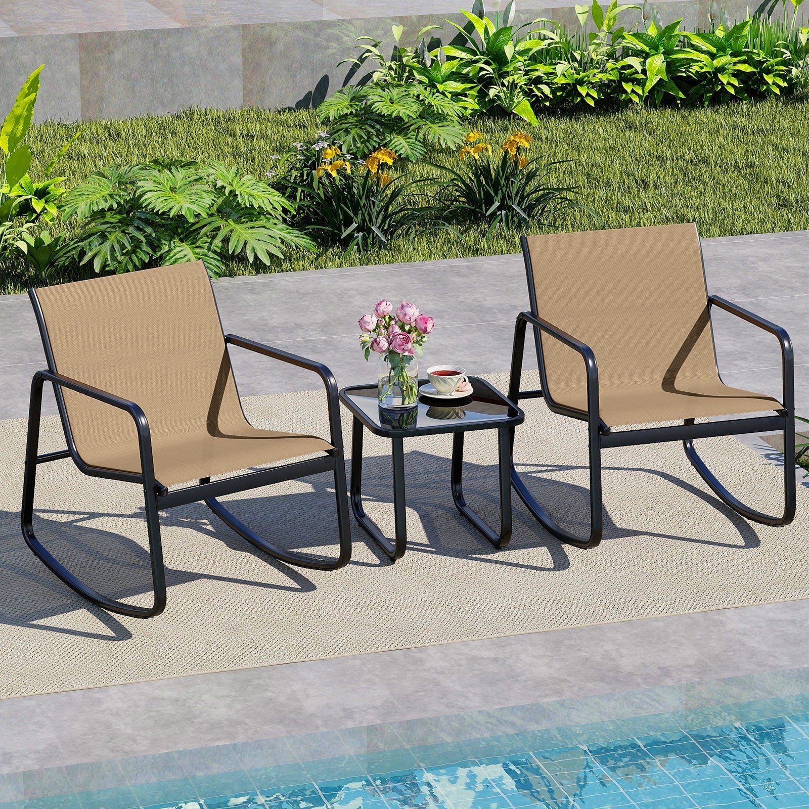 Gymax Set Of 3 Patio Rocking Set 2 Rocking Bistro Chairs Glass Top