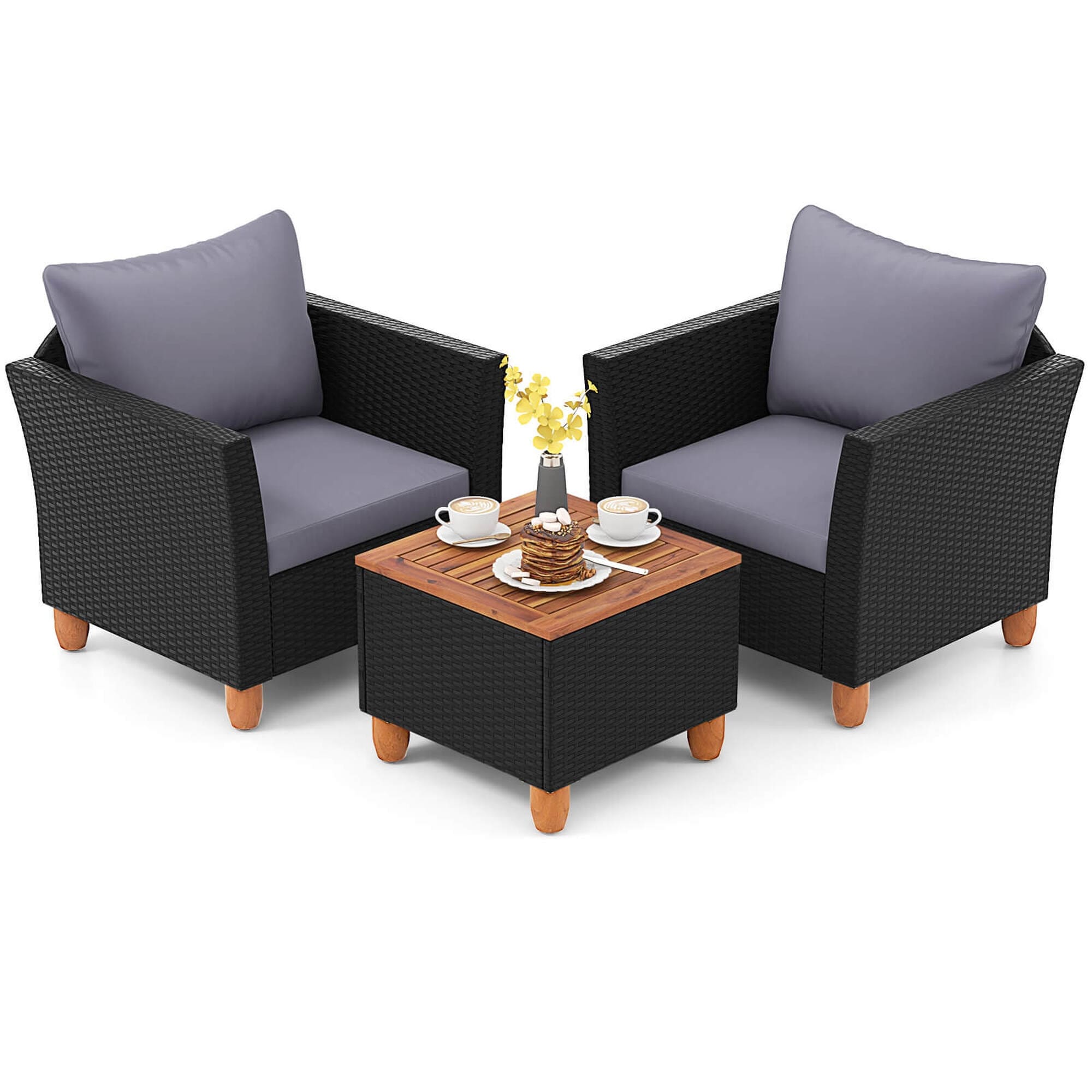 Gymax Set Of 3 Rattan Furniture Set Patio Cushioned Sofa Storage Table