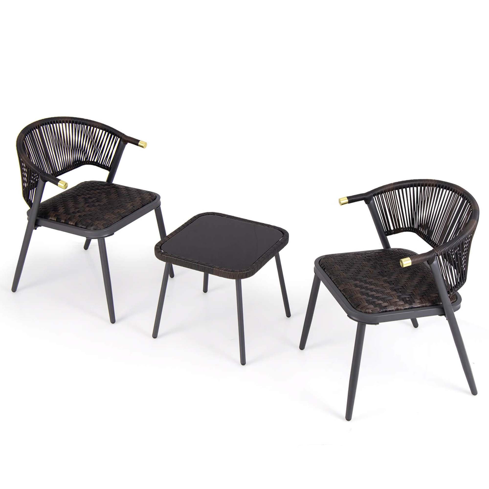 Gymax Set Of 3 Rattan Furniture Set W Tempered Glass Tabletop Wicker
