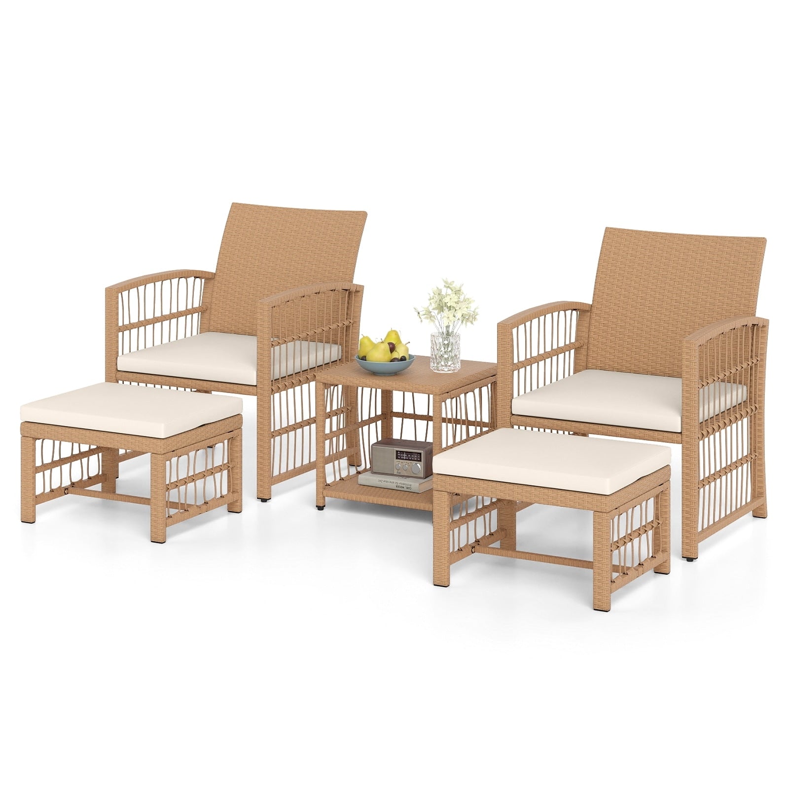 Gymax Set Of 5 Patio Conversation Set Pe Rattan Balcony Furniture Set