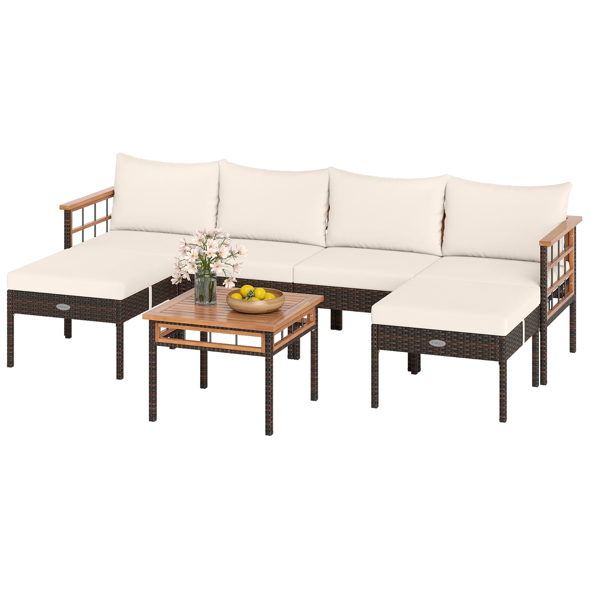 Gymax Set Of 7 Wicker Furniture Set W Ottomans Side Table Acacia Wood