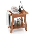 Gymax Shower Stool Teak Wood Corner Bath Stool W Storage Shelf Shower