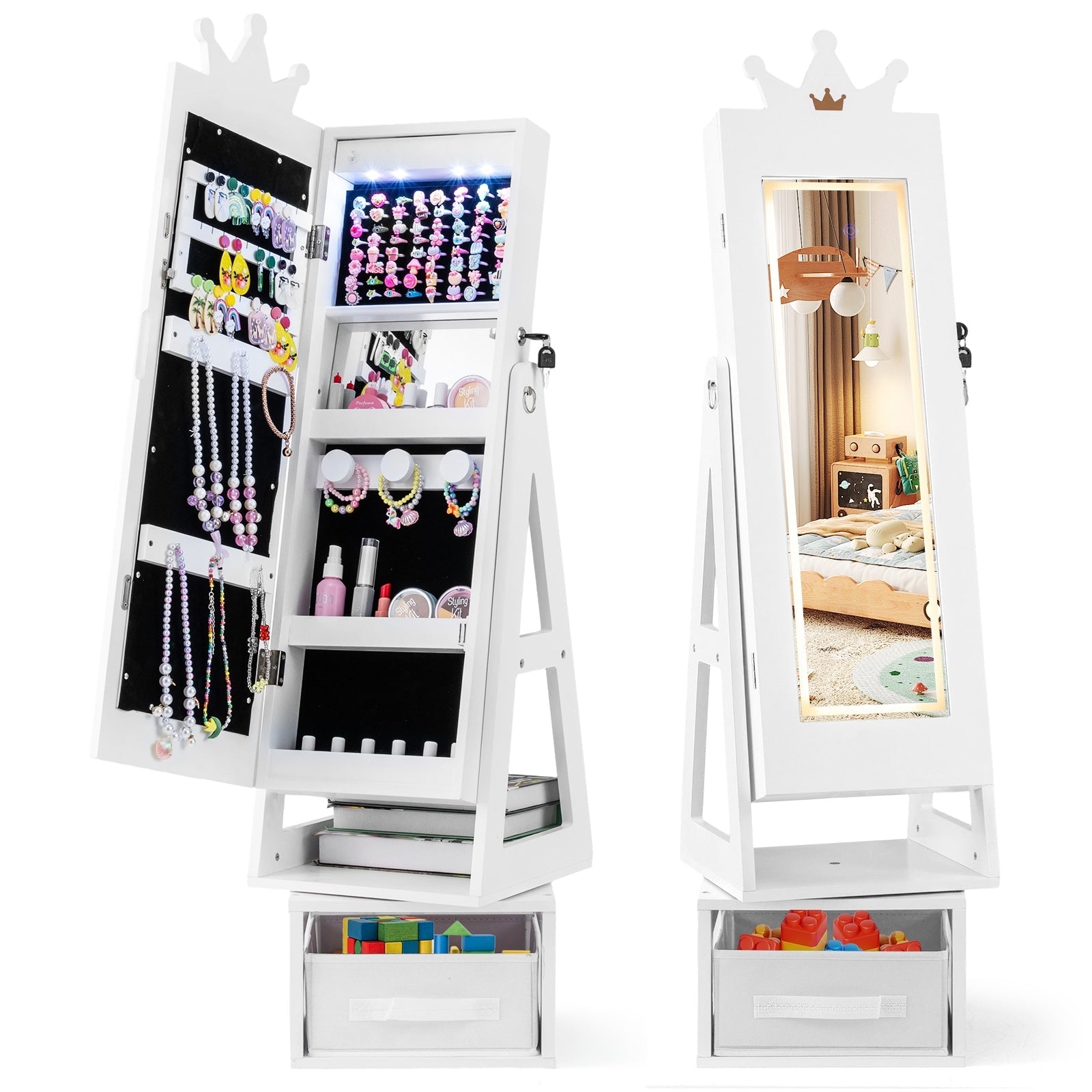 Gymax Swivel Kids Jewelry Cabinet W Lights Full Length Mirror