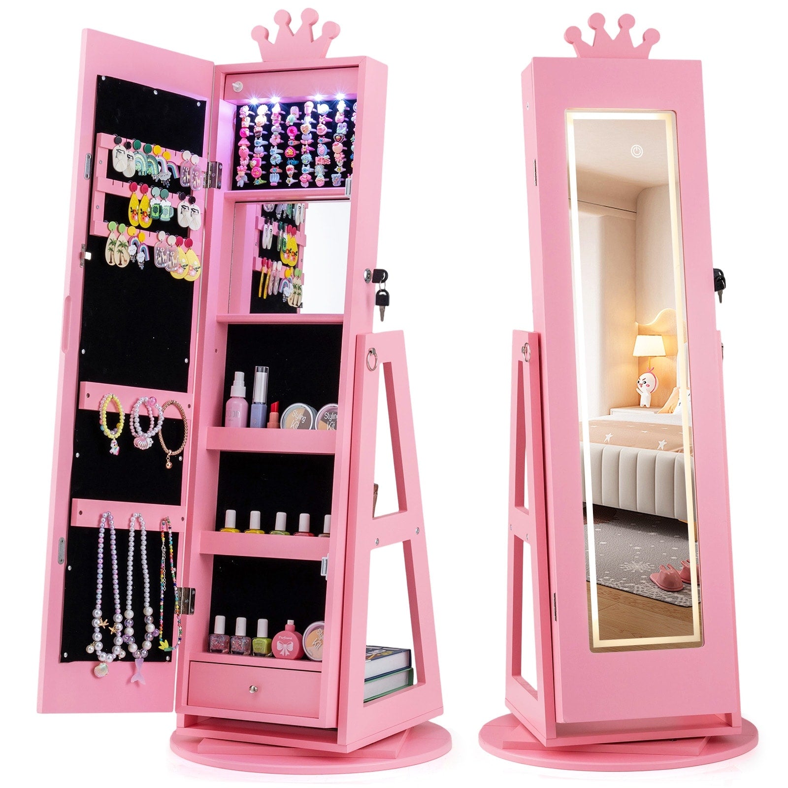 Gymax Swivel Kids Jewelry Cabinet W Lights Full Length Mirror