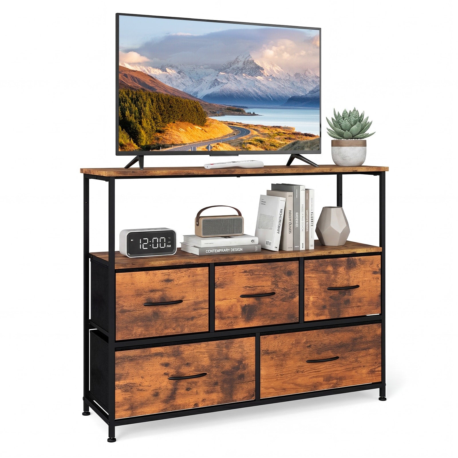 Gymax Tv Stand Dresser For 45 Tv 5 Fabric Drawer Entertainment