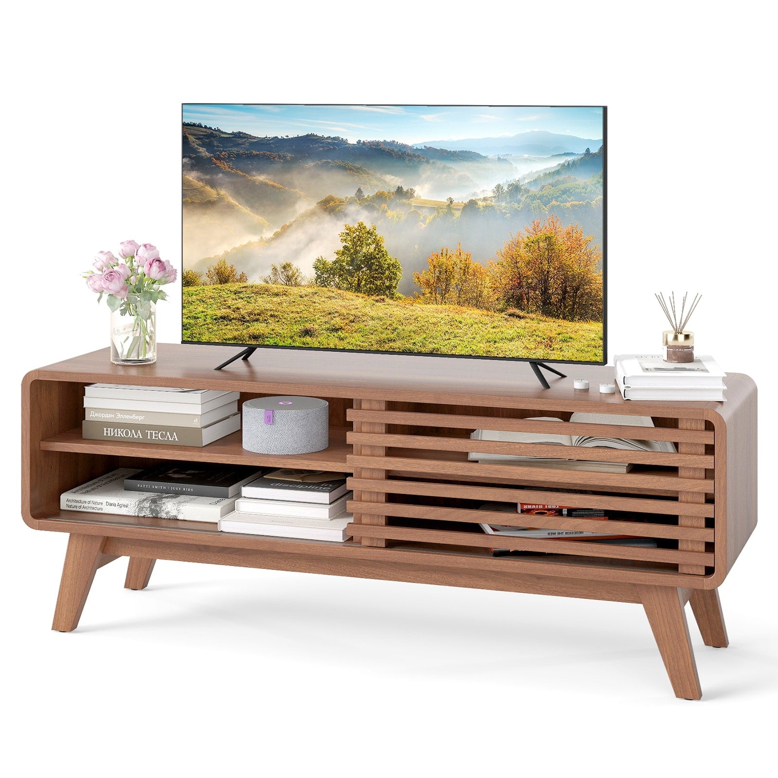 Gymax Tv Stand W Sliding Door Adjustable Shelves Rubber Wood Legs