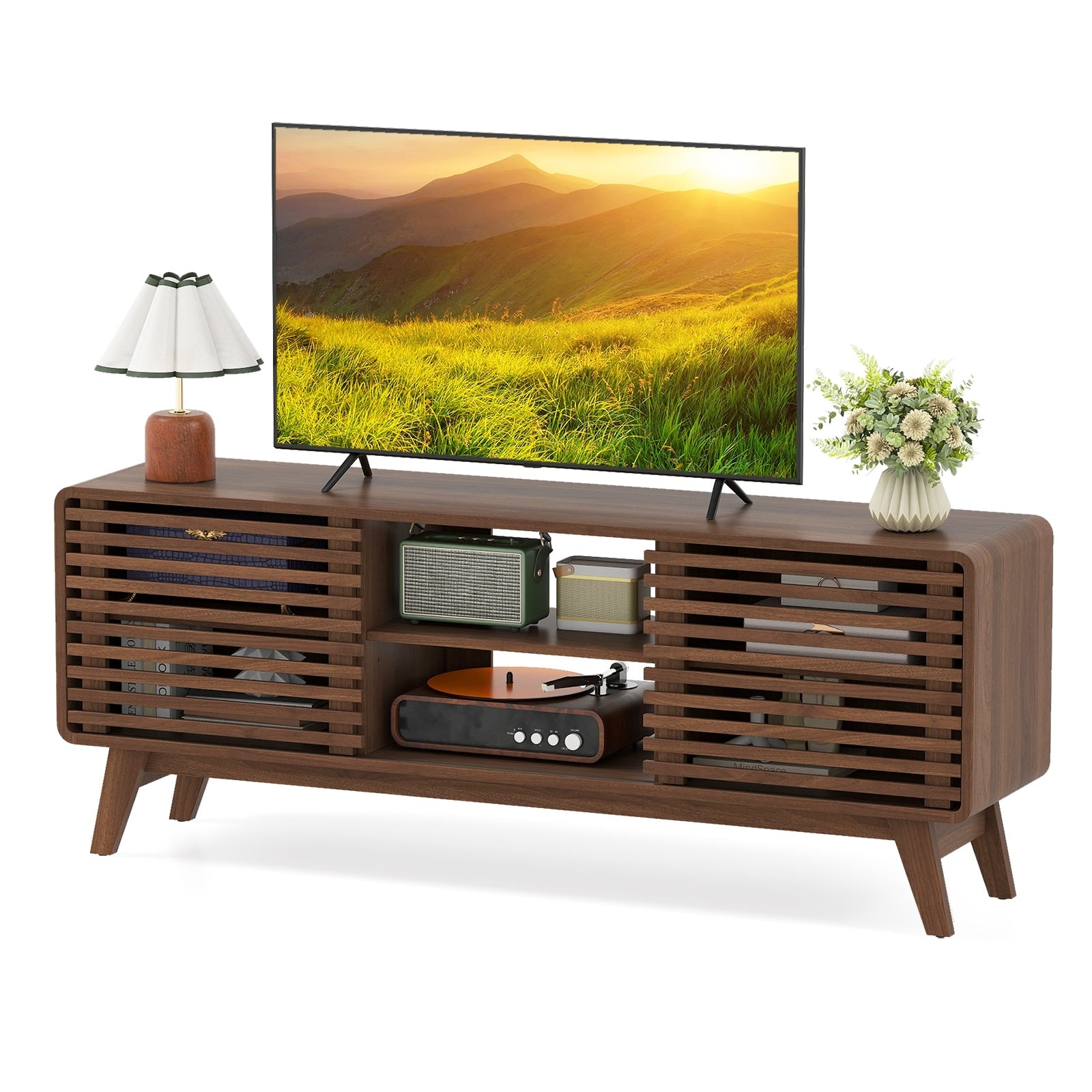 Gymax Tv Stand W Sliding Doors Adjustable Shelves Rubber Wood Legs