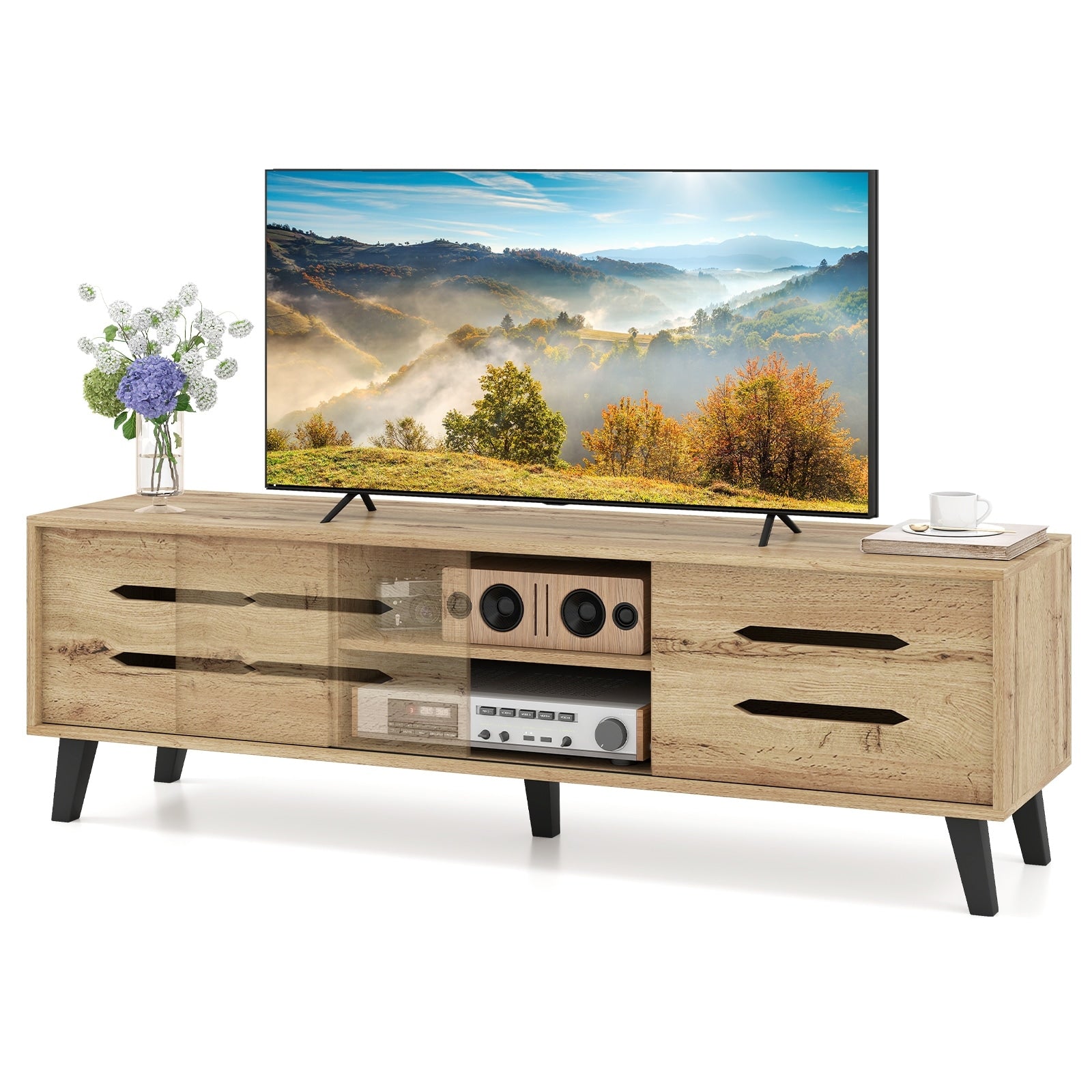 Gymax Tv Stand W Sliding Doors Storage Shelves Cable Hole Support Legs