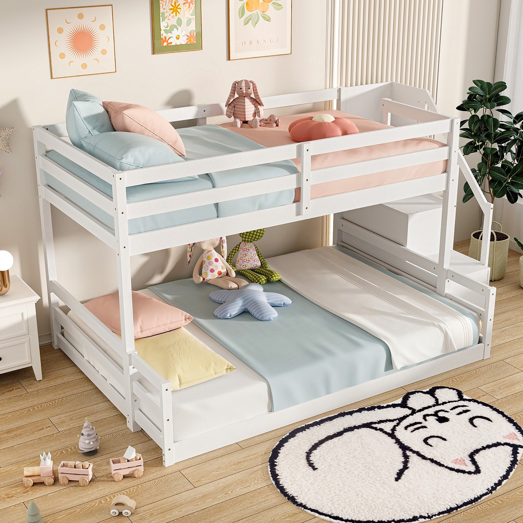 Gymax Twin Over Full Low Bunk Bed W Storage Stairs W Full Length