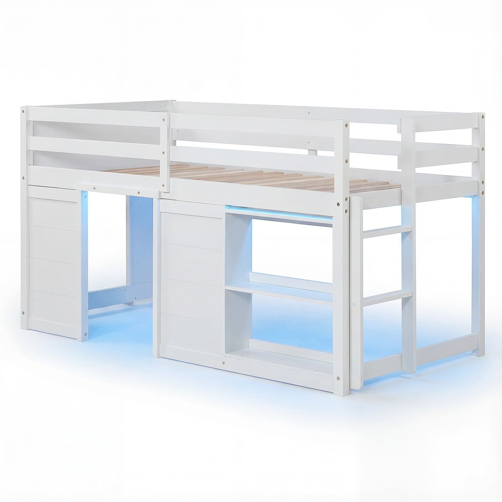 Gymax Twin Size Loft Bed W Led Lights 2 Doors Underbed Space