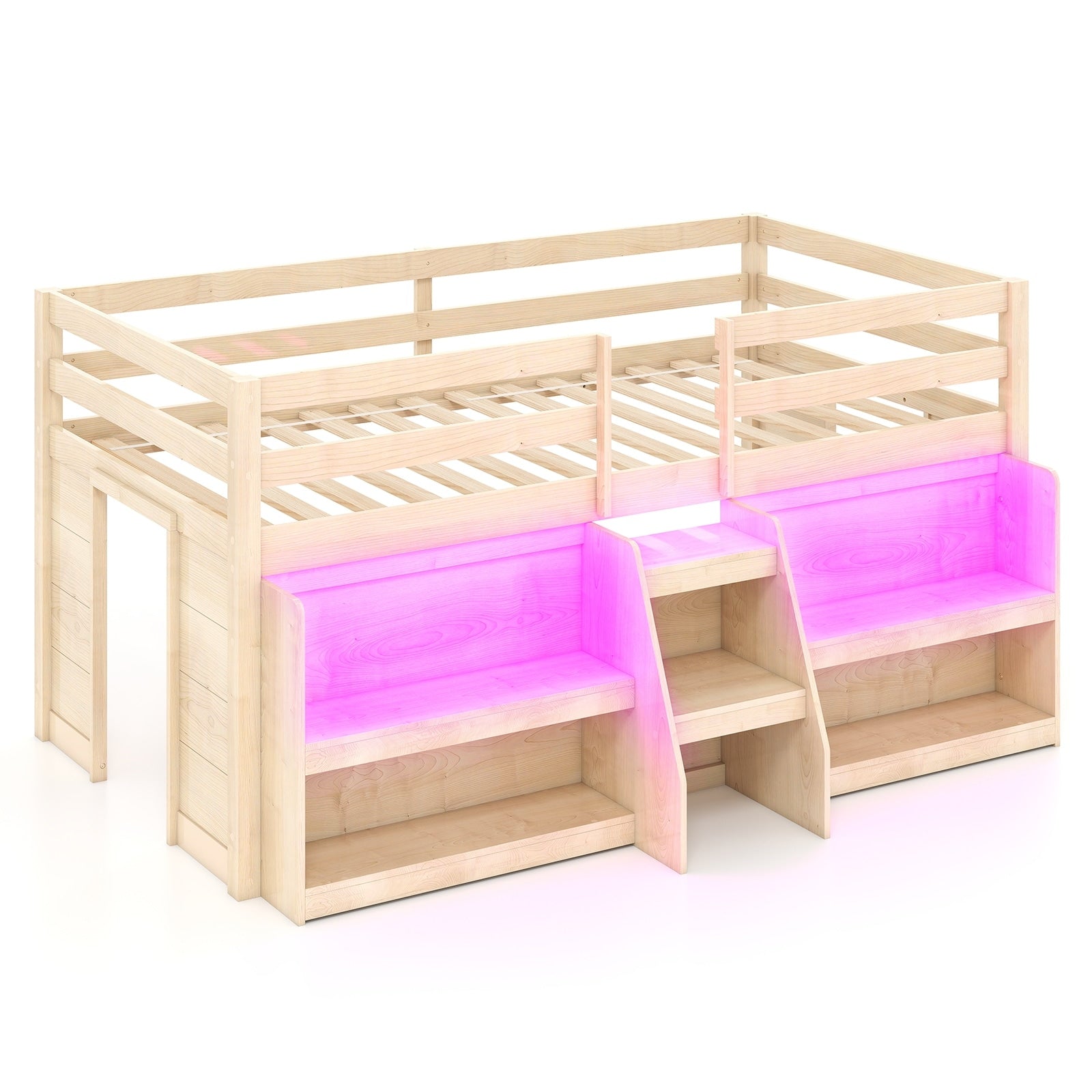 Gymax Twin Size Loft Bed W Led Lights Staircase Safety Guardrail