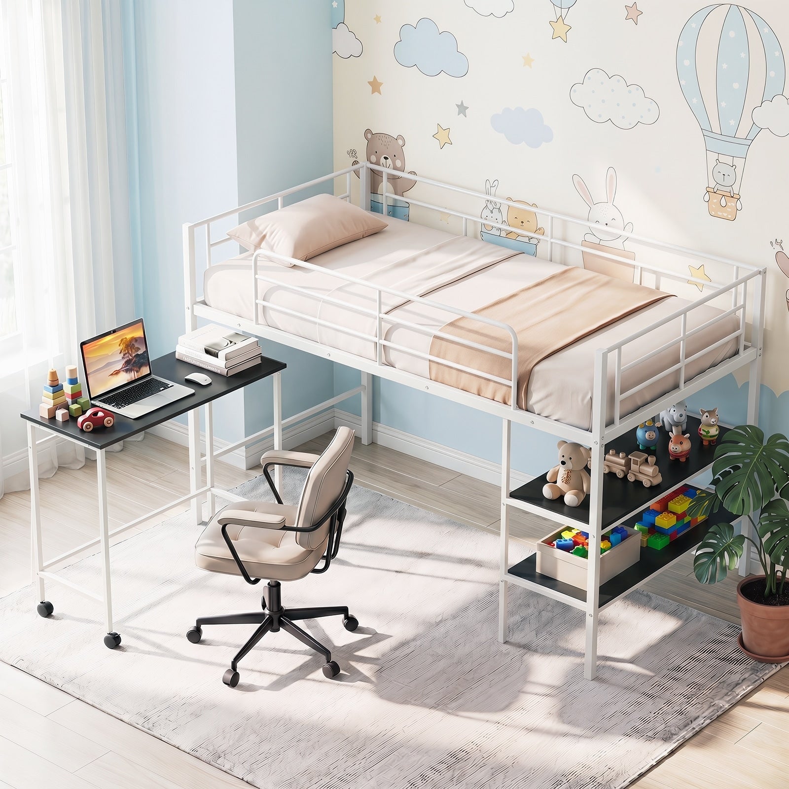 Gymax Twin Size Loft Bed W Rolling Desk Bookshelf Metal Slats For