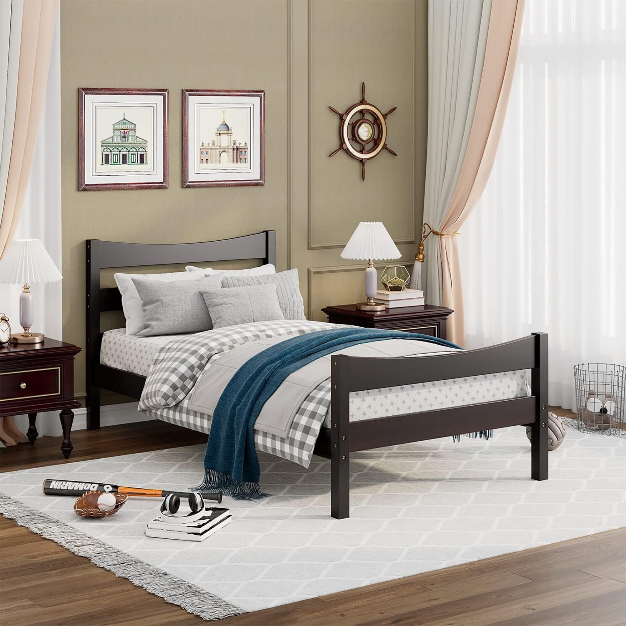 Gymax Twin Size Platform Bed Frame Foundation W Headboard Wood Slat Espresso