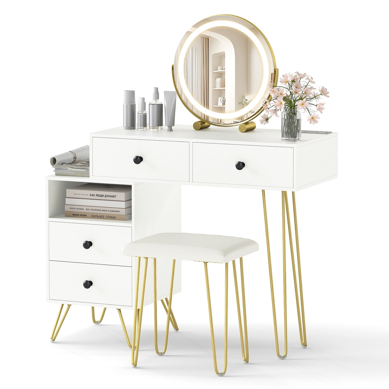 Gymax Vanity Desk W Mirror Lights Built In Power Outlet 4 Storage