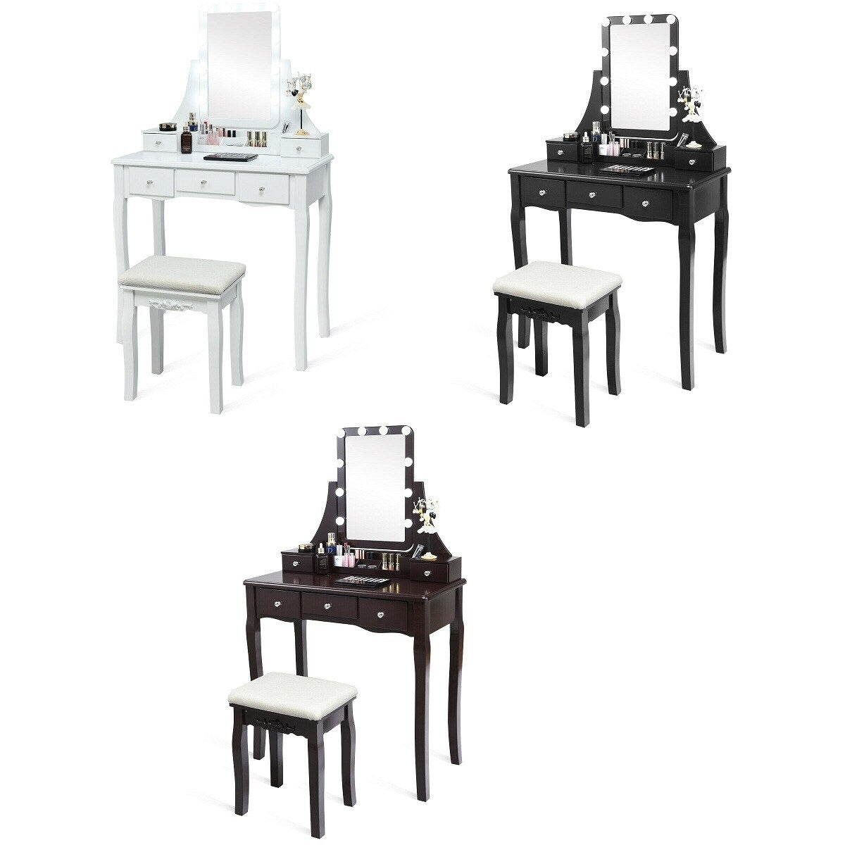 Gymax Vanity Dressing Table Set W Removable Box 10 Dimmable Bulbs Touch Switch White Brown Black