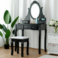 Gymax Vanity Jewelry Wooden Makeup Dressing Table Set W Stool Mirror 5 Drawers Black