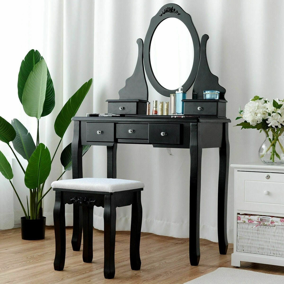 Gymax Vanity Jewelry Wooden Makeup Dressing Table Set W Stool Mirror 5 Drawers Black