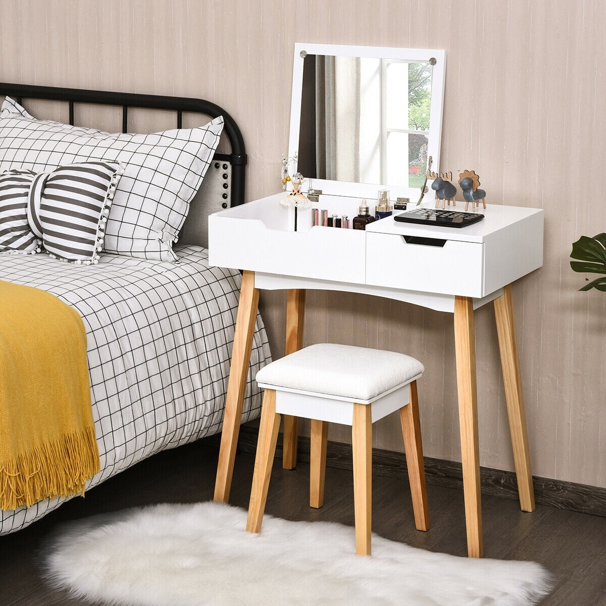 Gymax Vanity Makeup Table Cushioned Stool Set W Flip Top Mirror 1 Drawer Writing Desk