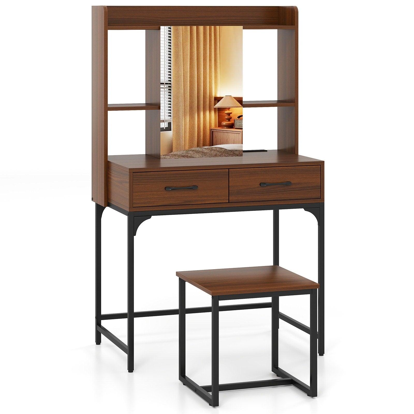 Gymax Vanity Set W Mirror Cabinet Modern Makeup Vanity Table W Stool