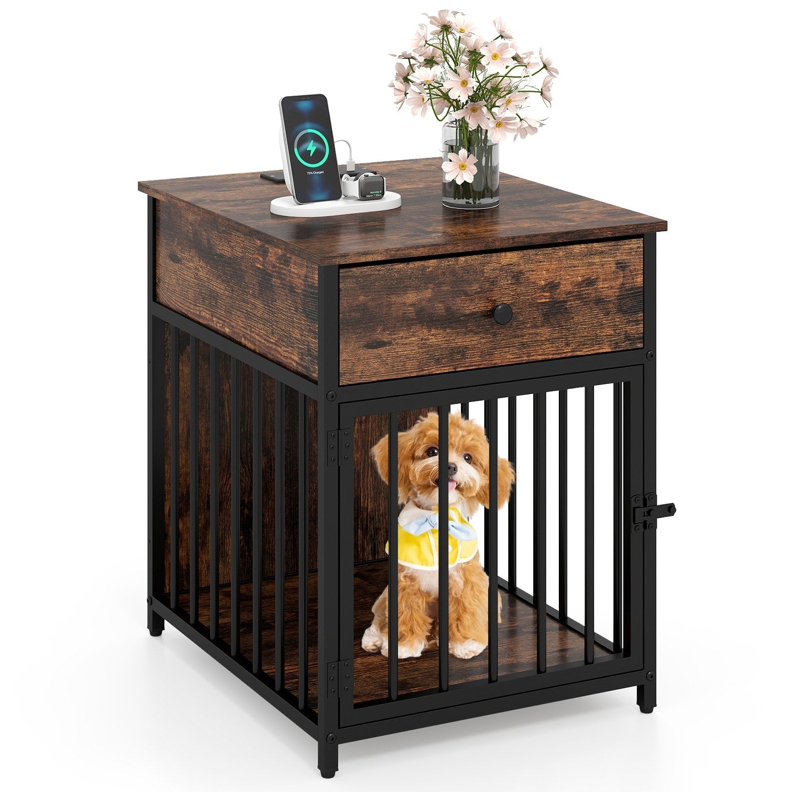 Gymax Versatile Dog Crate W Charging Station Storage Drawer Lockable