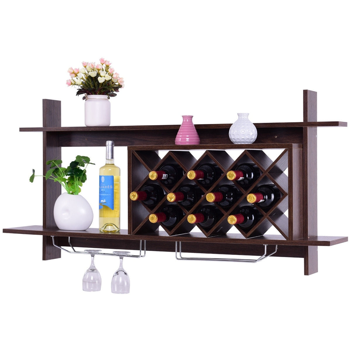 Gymax Wall Mount Wine Rack Organizer With Glass Holder Storage Shelf Home Decor