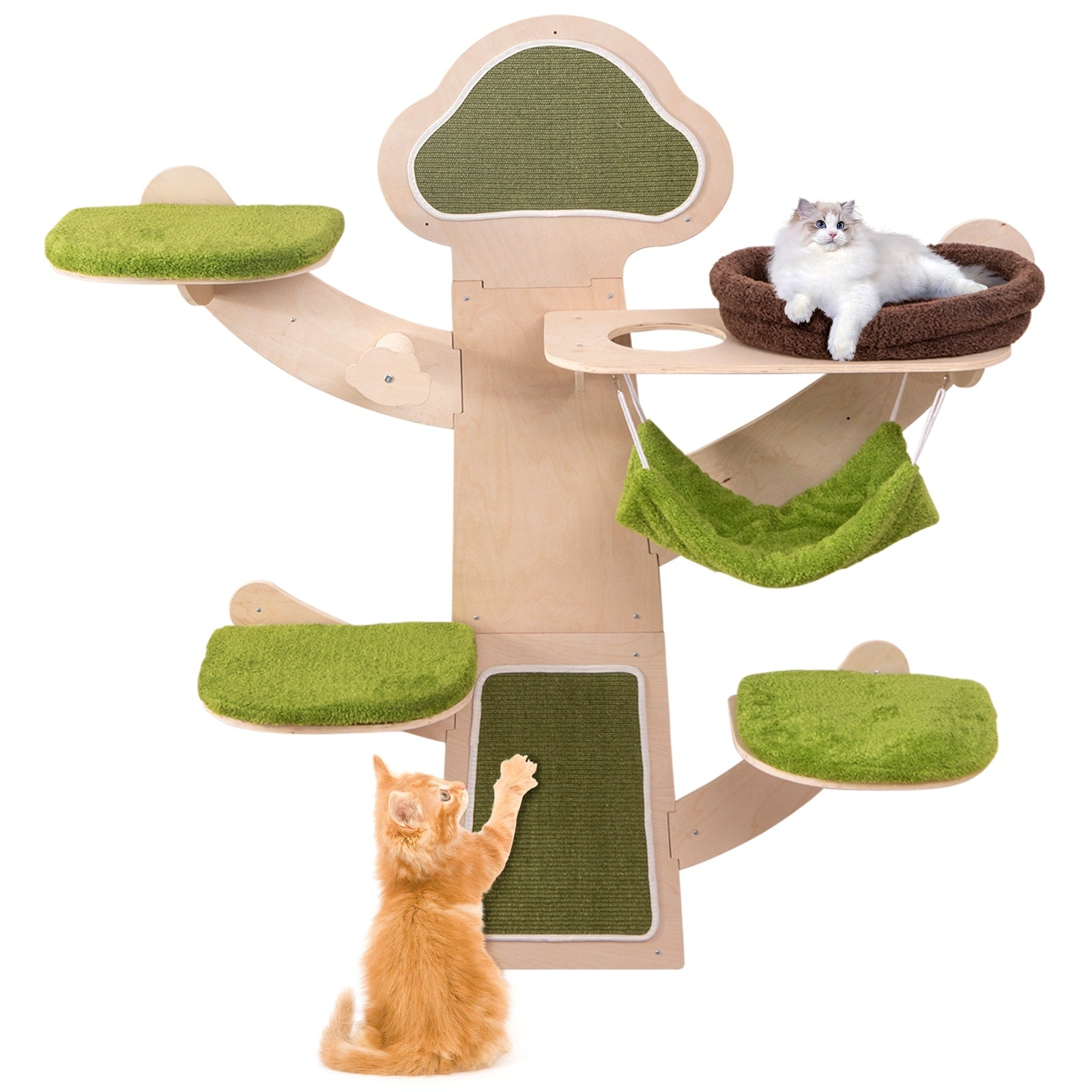 Gymax Wall Mounted Cat Tower W Bed Hammock Sisal Scratching Post Natural Brown Green