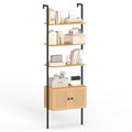 Gymax Wall Mounted Ladder Shelf 5 Tier Bookshelf W Rattan Door