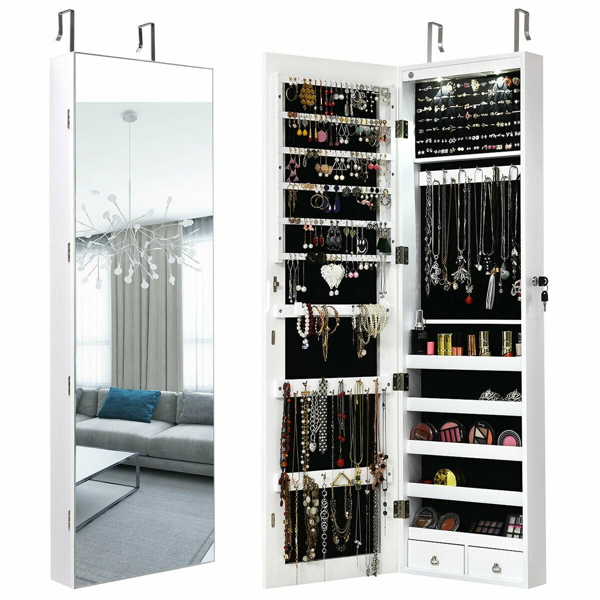 Gymax Wall Door Mounted Mirrored Jewelry Cabinet Storage Organizer W Lights Drawer