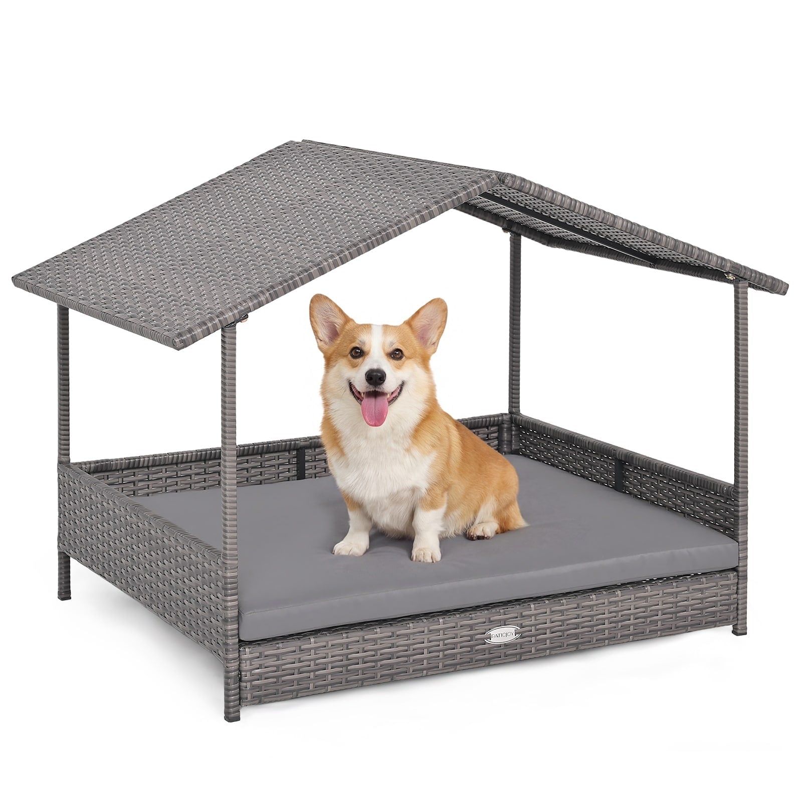 Gymax Wicker Dog House W Canopy Pe Rattan Dog Bed Waterproof Gray