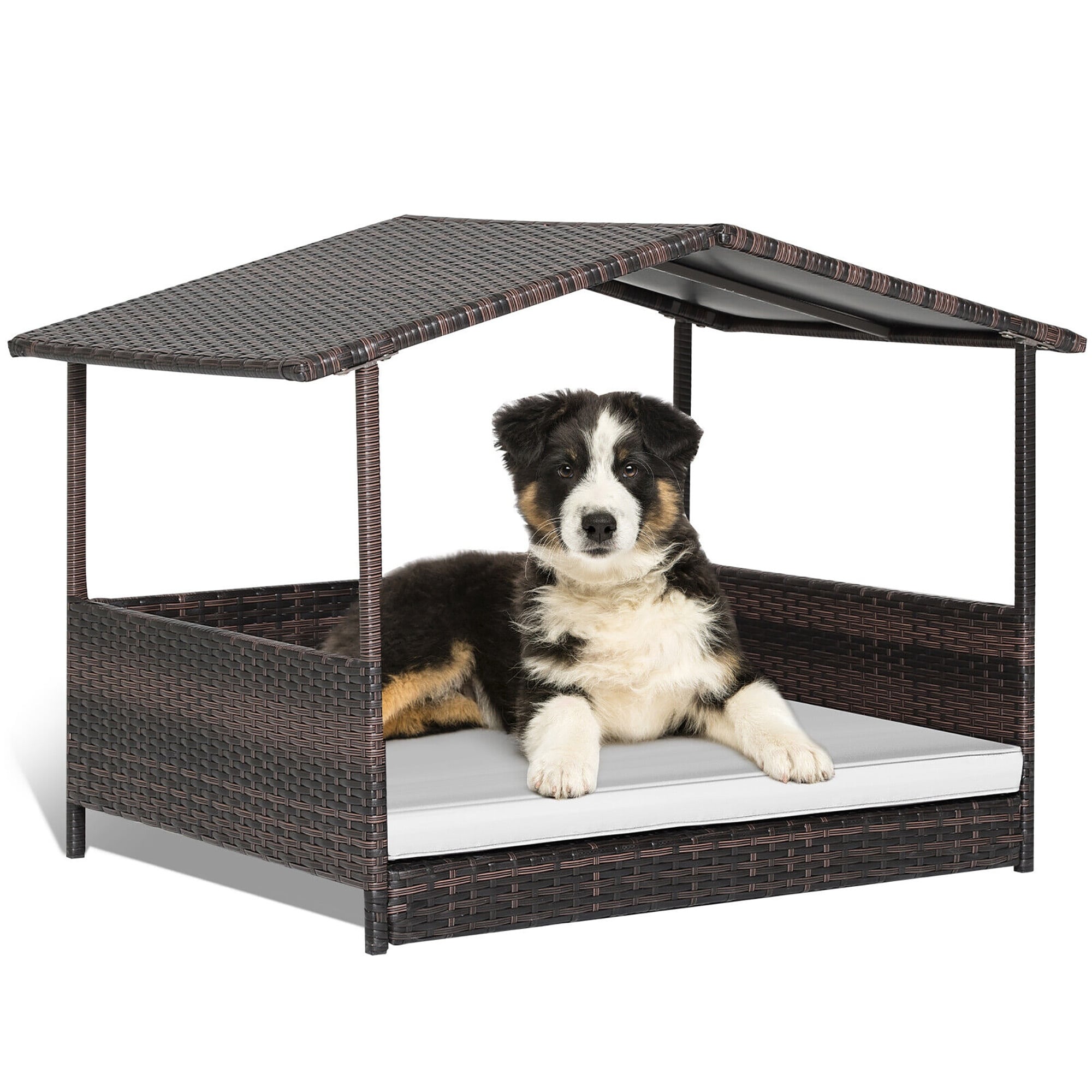 Gymax Wicker Dog House W Cushion Lounge Raised Rattan Bed For Off White