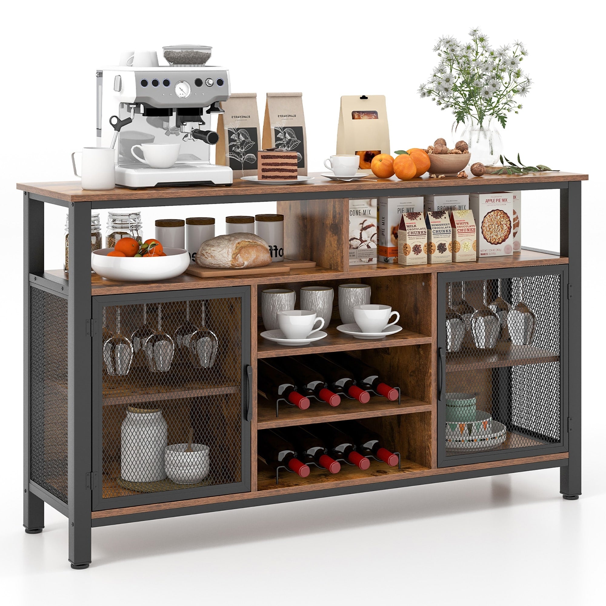 Gymax Wine Bar Cabinet 55 Inch Buffet Sideboard With 8 Bottle Wine