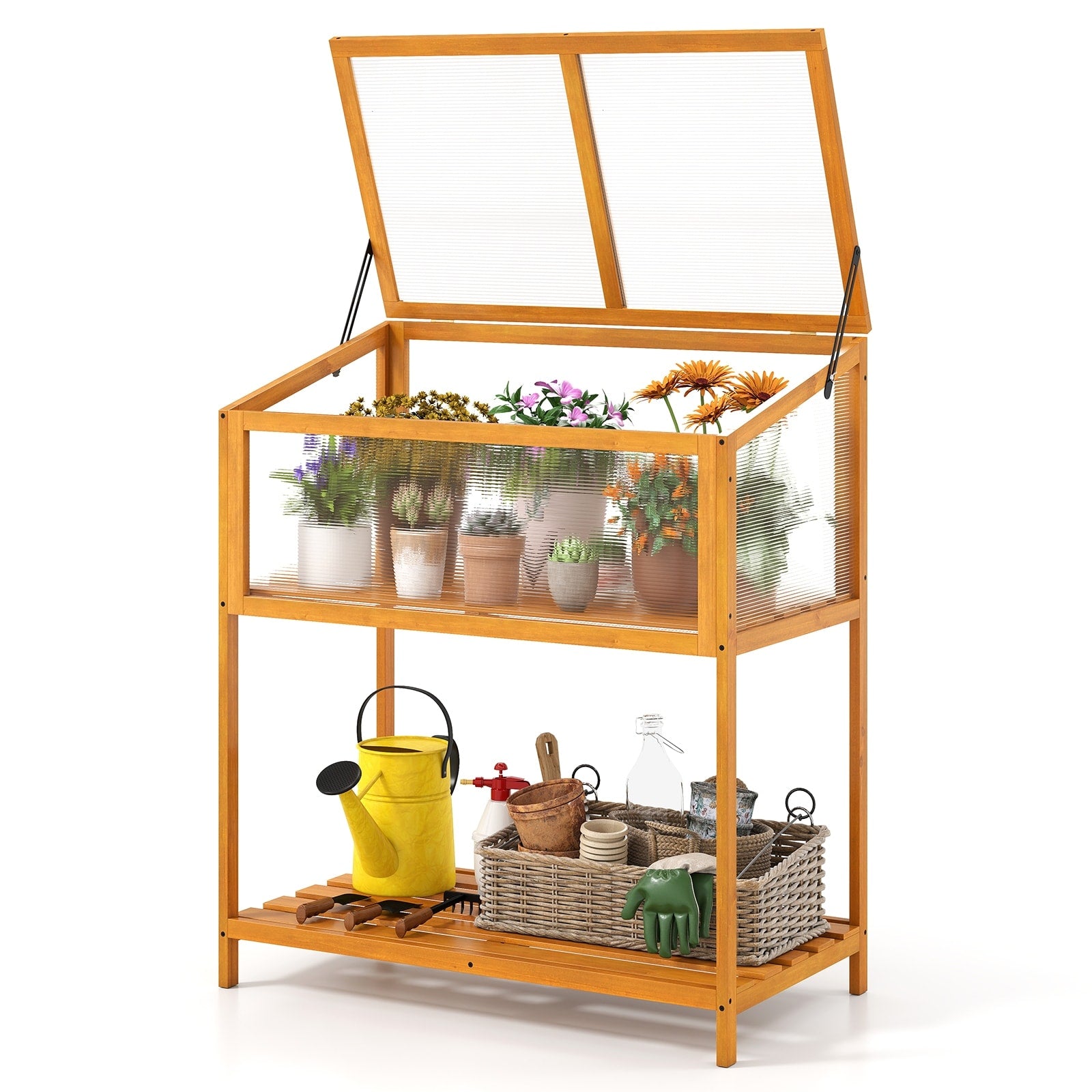 Gymax Wood Cold Frame Greenhouse W Transparent Openable Roof Slatted