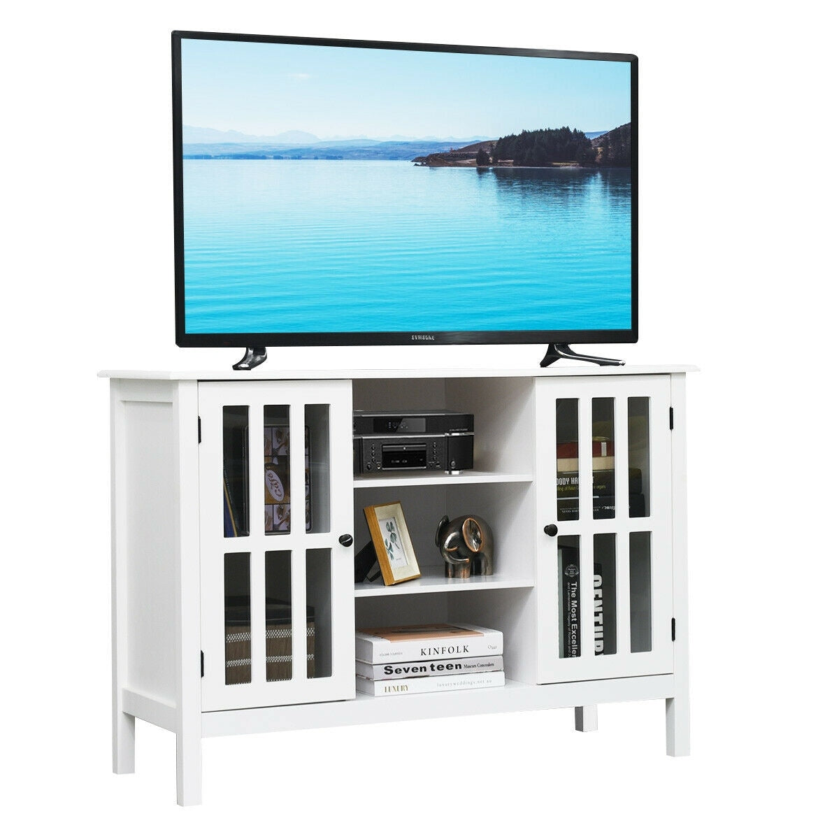 Gymax Wood Tv Stand Storage Console Free Standing Cabinet Holds Up To A 45 Tv