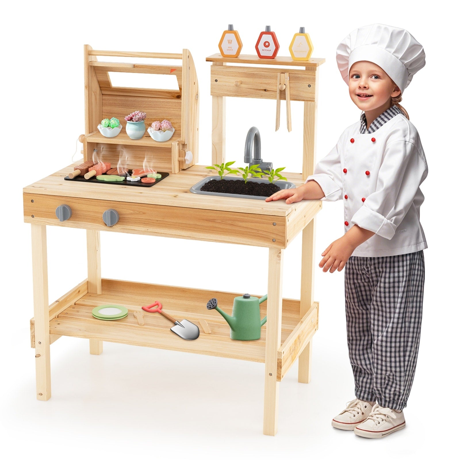 Gymax Wooden Barbecue Grill Playset W Play Food Grilling Tools