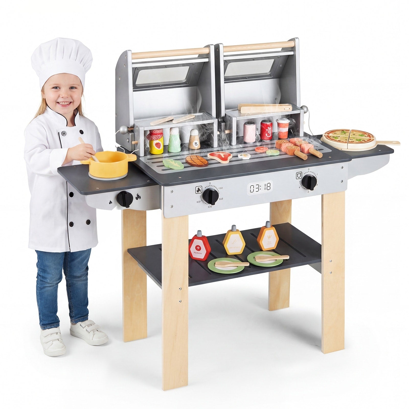 Gymax Wooden Kids Barbecue Grill Playset Kids Toy Grill W Abundant