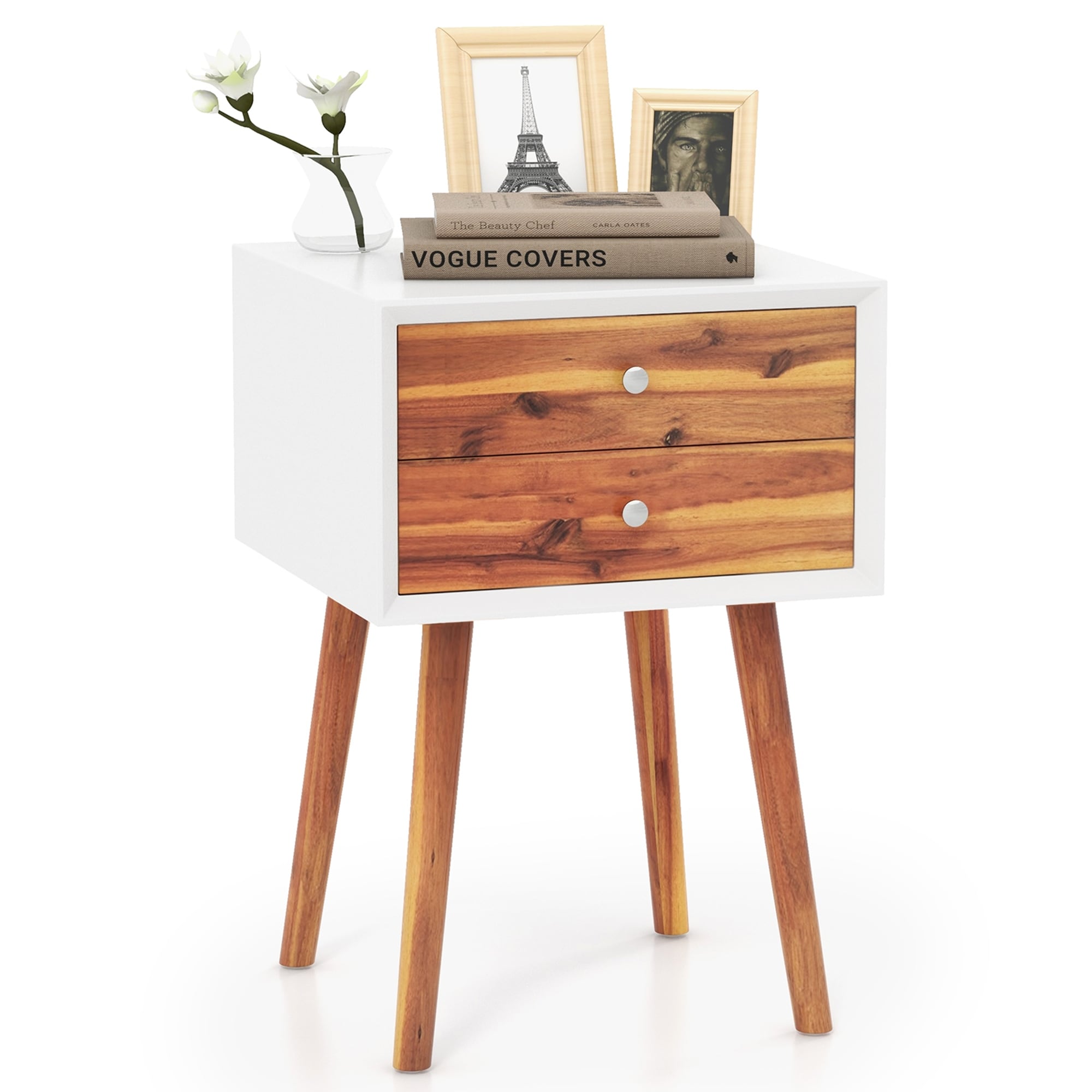 Gymax Wooden Nightstand Mid Century End Side Table Bedroom W 2 Storage
