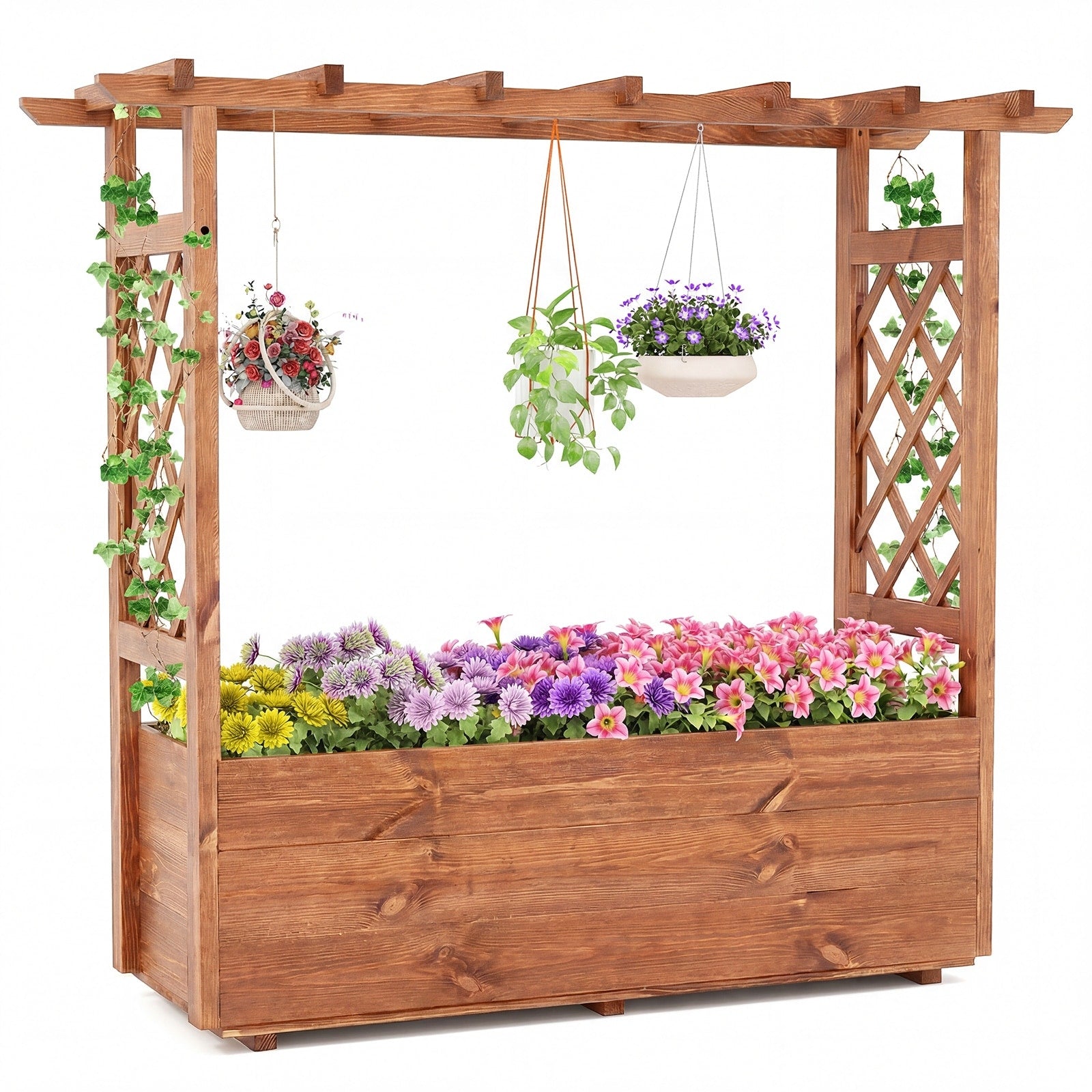 Gymax Wooden Raised Garden Bed Lattice Trellises Hanging Roof