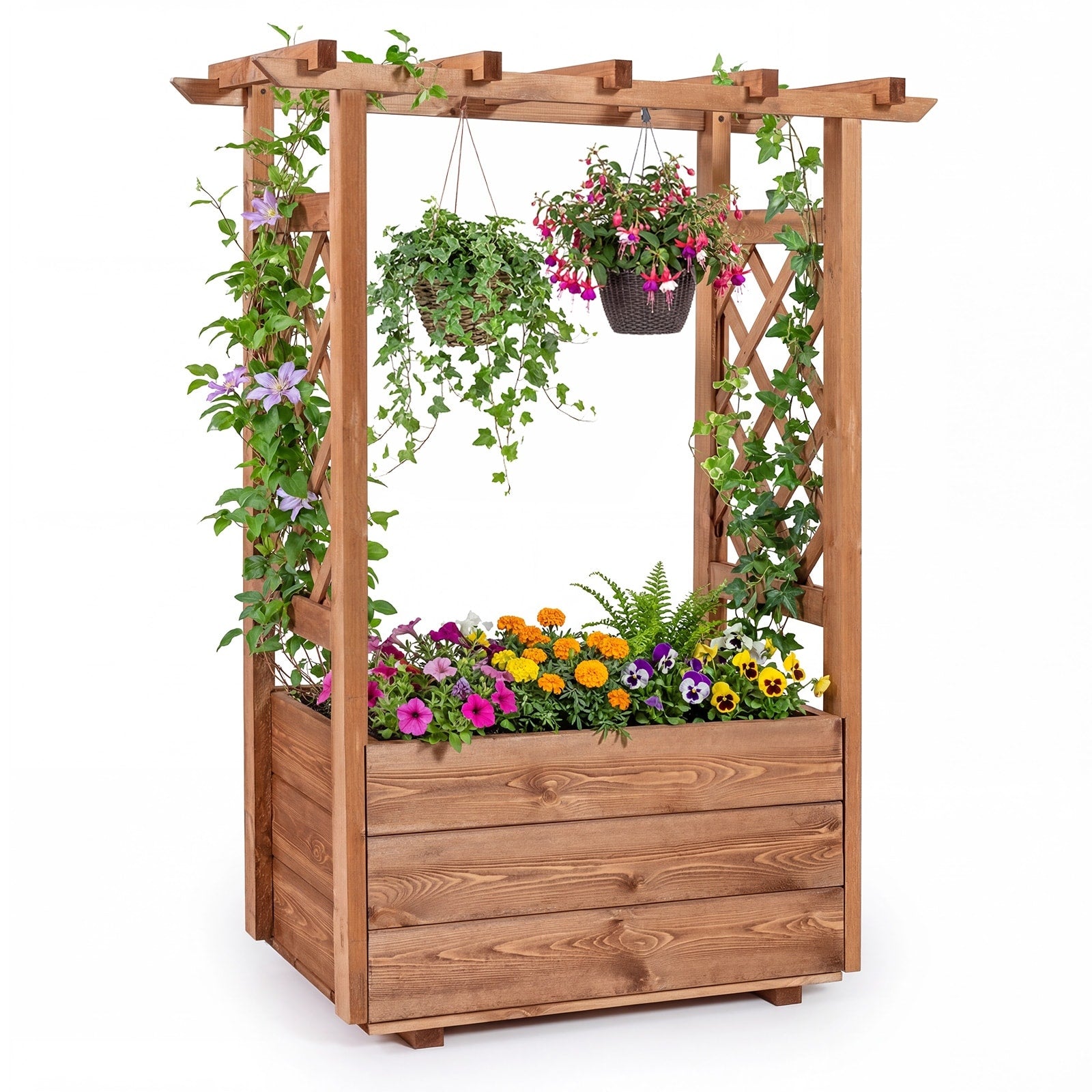 Gymax Wooden Raised Garden Bed Lattice Trellises Hanging Roof